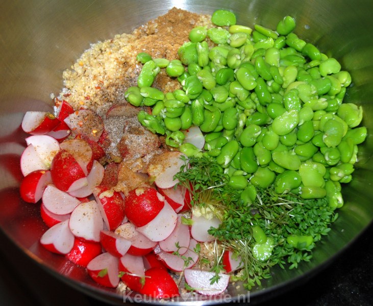 Quinoa-salade met tuinbonen, radijs en avocado Quinoa-salade met tuinbonen, radijs en avocado