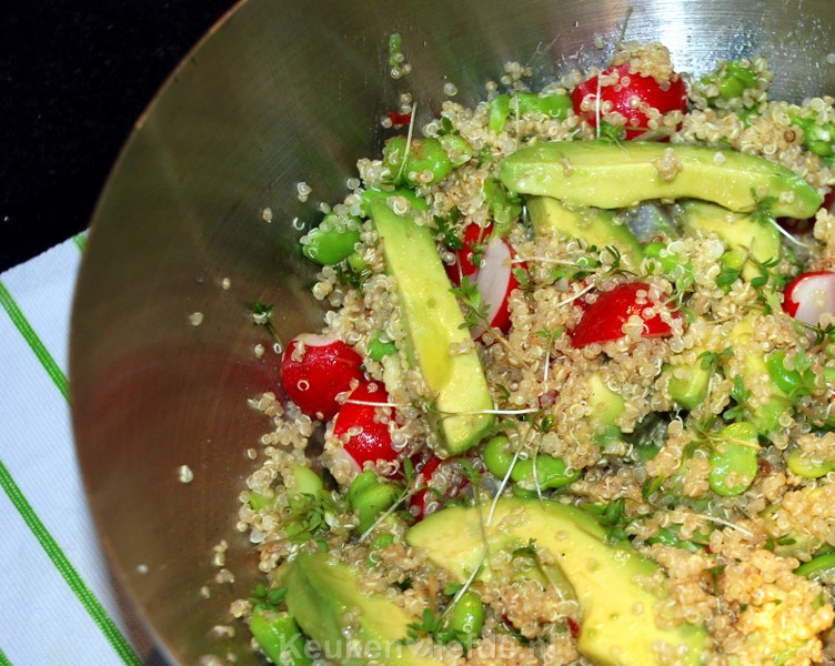 Quinoa-salade met tuinbonen, radijs en avocado Quinoa-salade met tuinbonen, radijs en avocado
