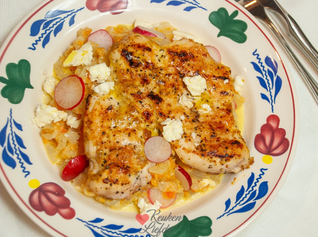 Koolrabistamppot met honing-mosterdkip