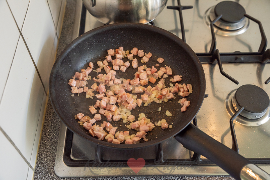 Romige courgette met spekjes en champignons