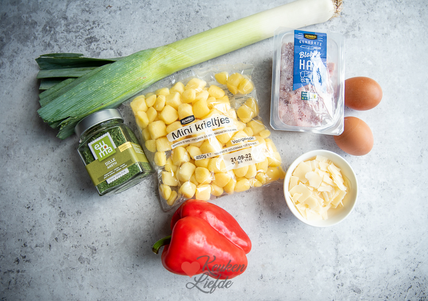 Benodigde ingrediënten Krieltjes carbonara met prei en ham