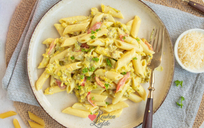 Pasta met gehakt, prei en kerriesaus