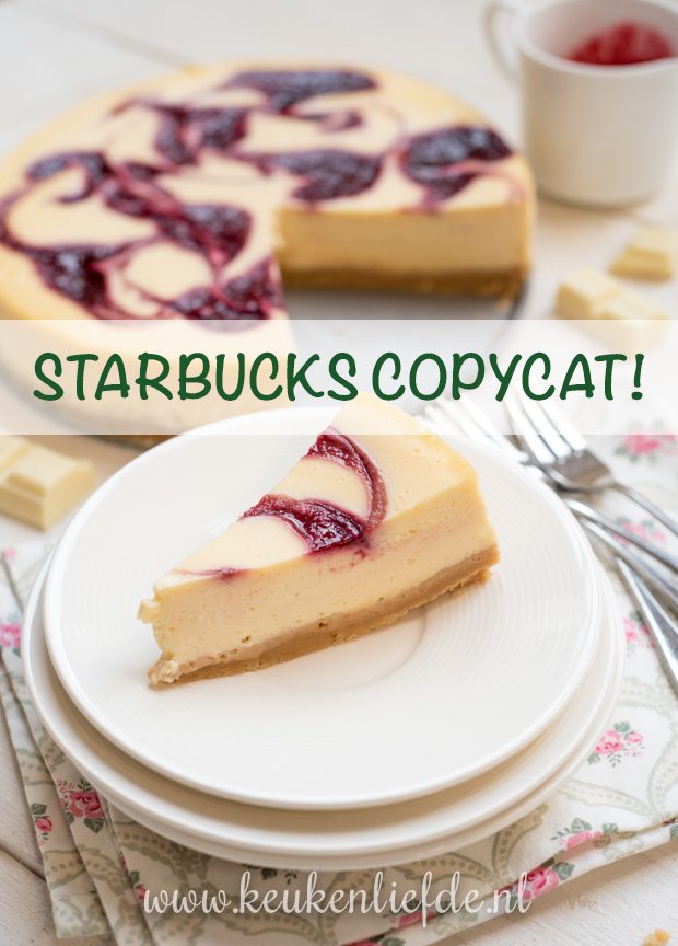 Witte-chocoladecheesecake met frambozensaus swirl (Starbucks copycat!)